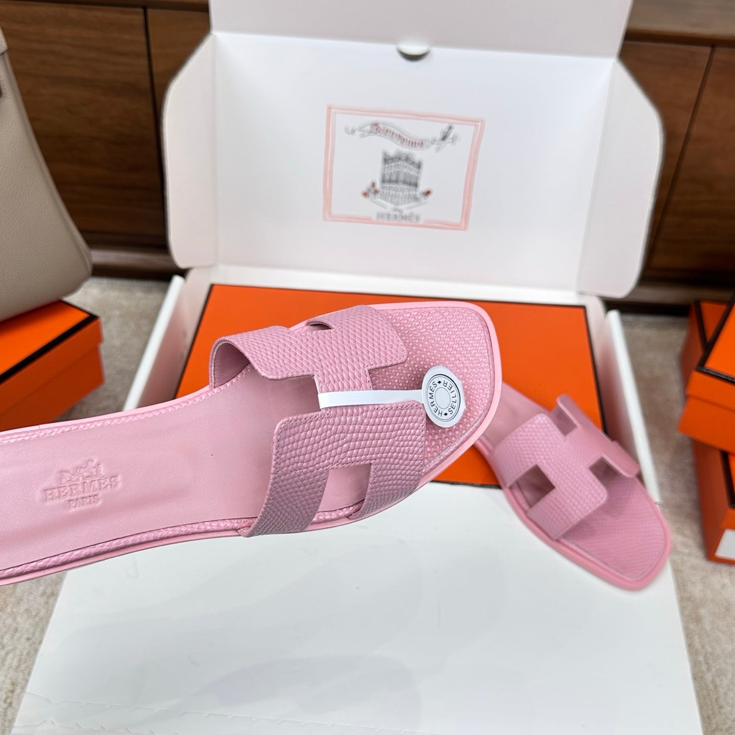 HM Oran Sandal Pink Embossed Lizard Leather 802372