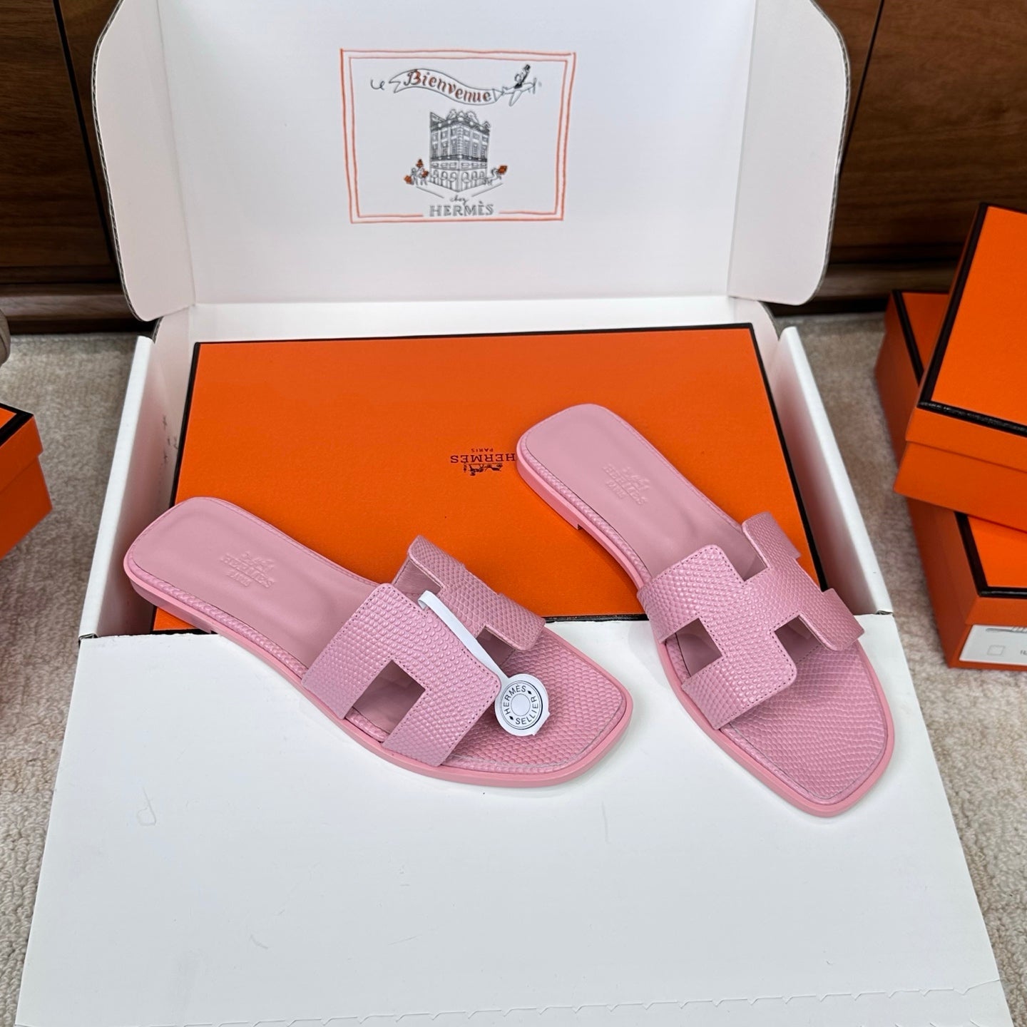 HM Oran Sandal Pink Embossed Lizard Leather 802372