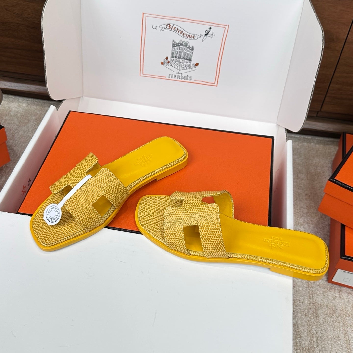 HM Oran Sandal Yellow Embossed Lizard Leather 802374