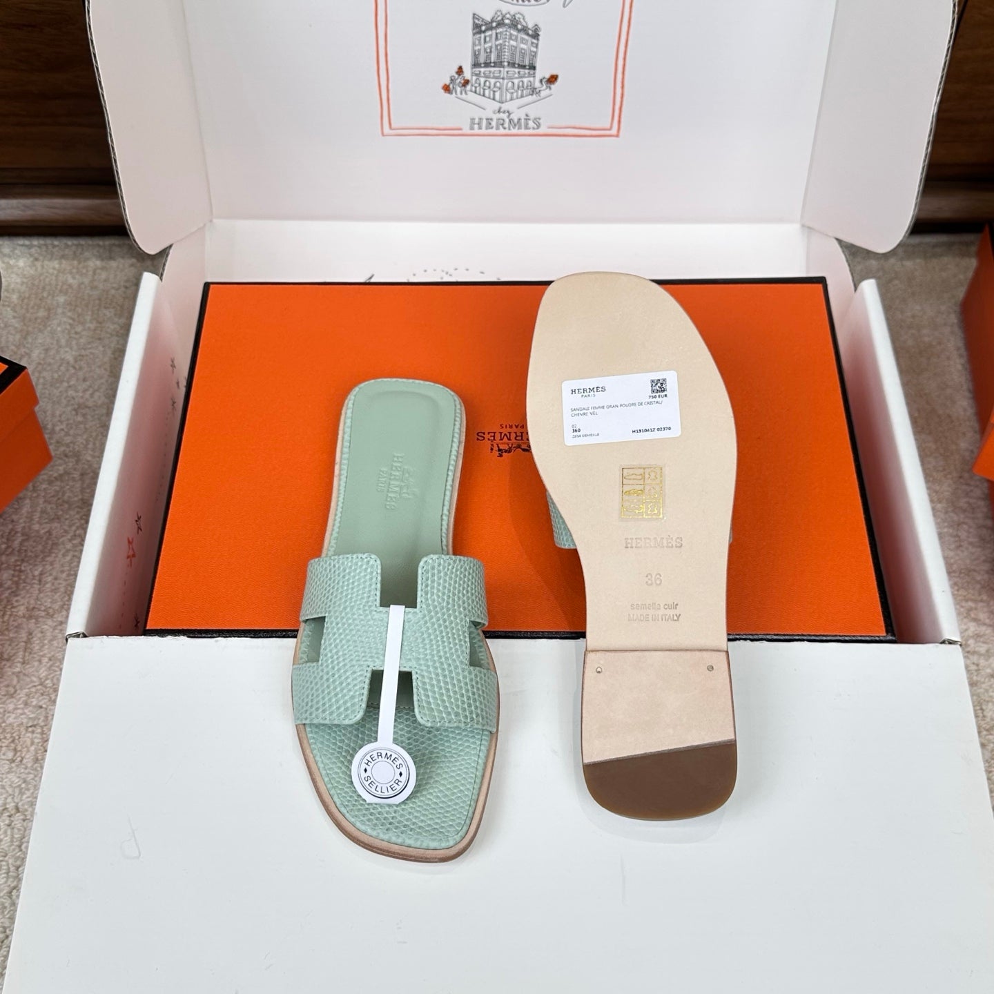 HM Oran Sandal Sage Green Embossed Lizard Leather 802375