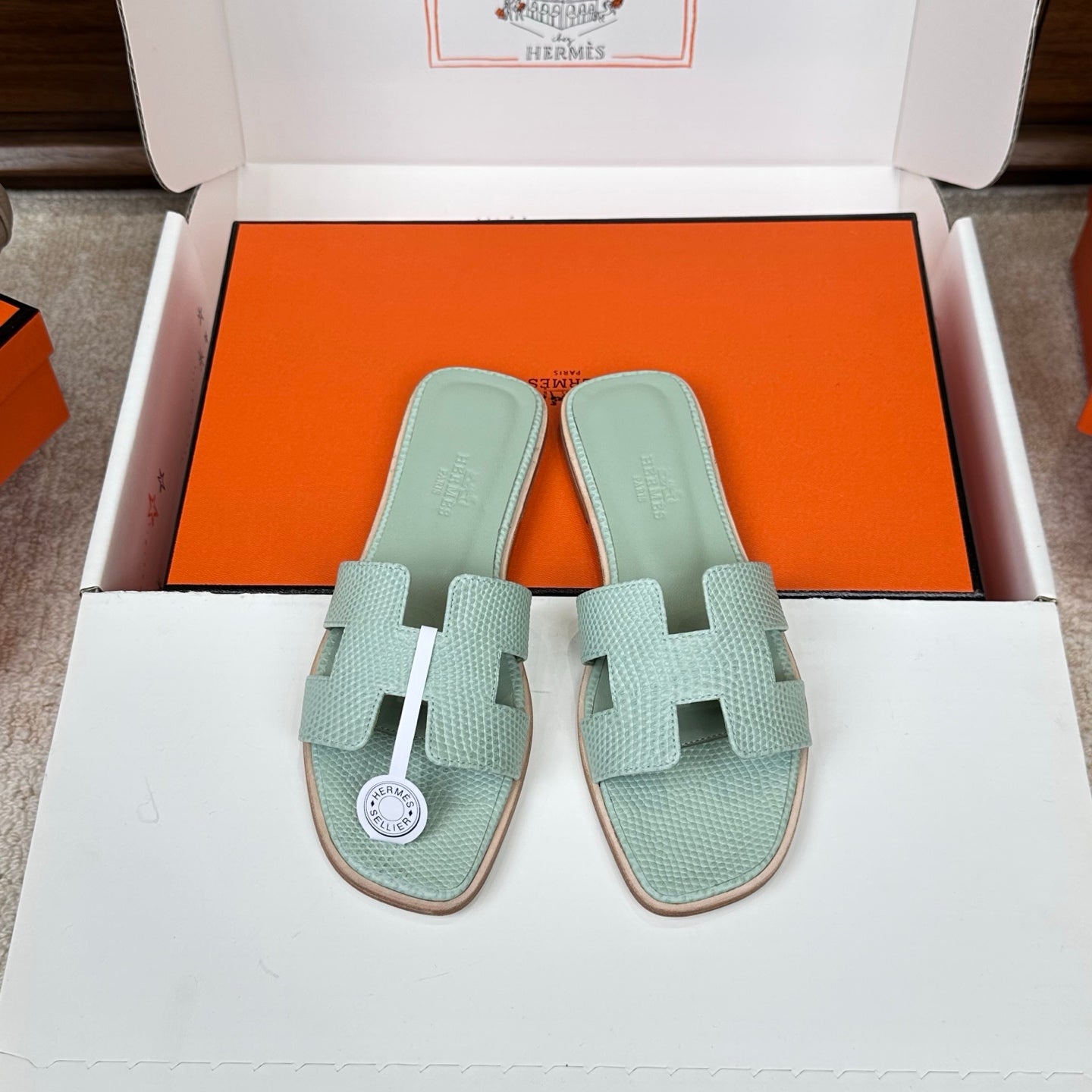 HM Oran Sandal Sage Green Embossed Lizard Leather 802375