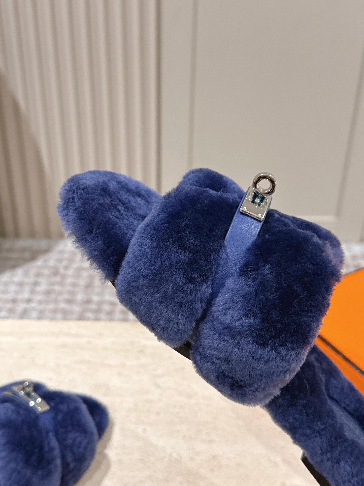 HM Oran Slippers Sliver Buckle Dark Blue Wool 583750
