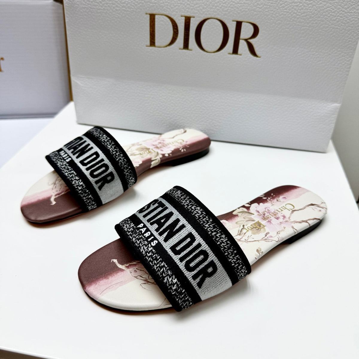 CD 26s Embroidered Sandals Black White Burgundy Canvas Leather 683021