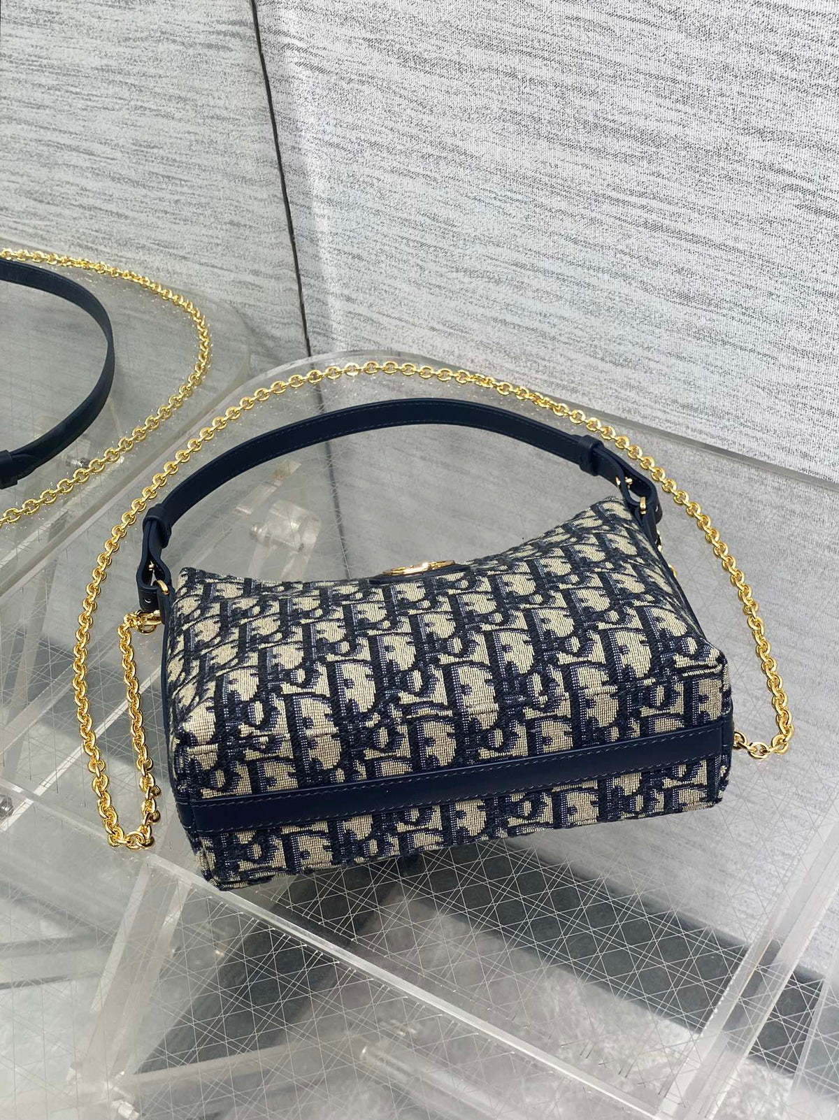 Dior 2025 Bag 19cm Navy Blue mix Beige Oblique Fabric mix Leather 272830