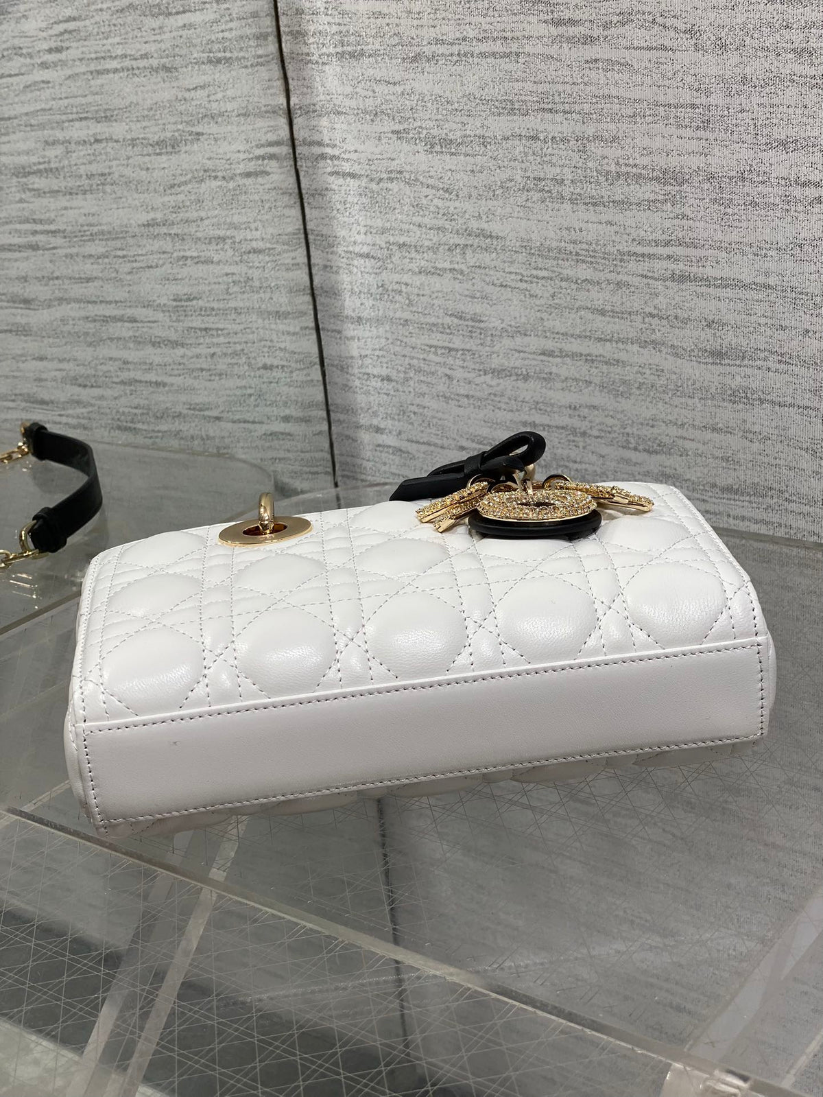 Dior 2026 Lady Bow D-Joy Bag White Black Lambskin With Diamond Hardware 284141