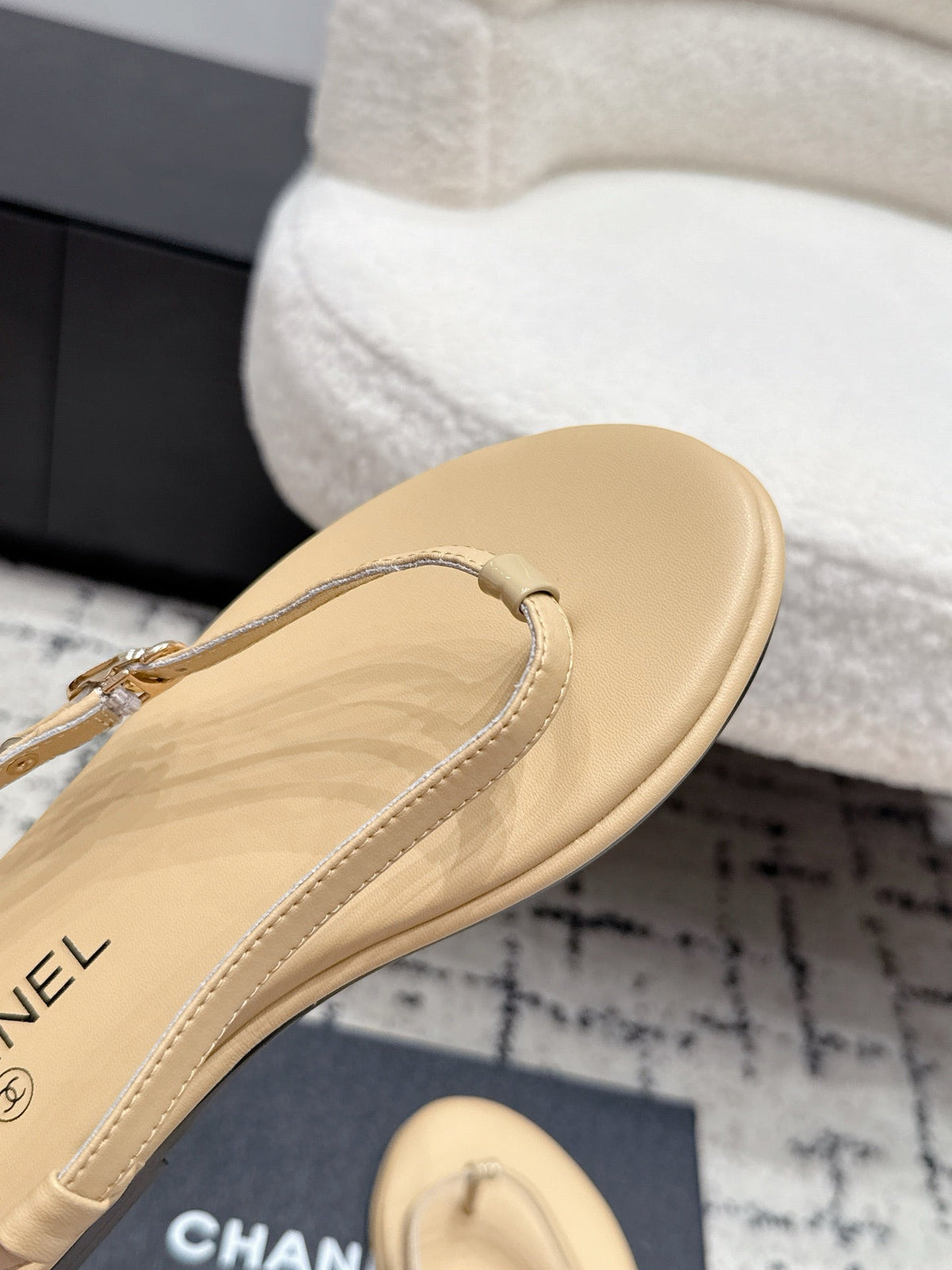 Chanel 26S Thong Sandals In Beige Calfskin With Gold Hardware