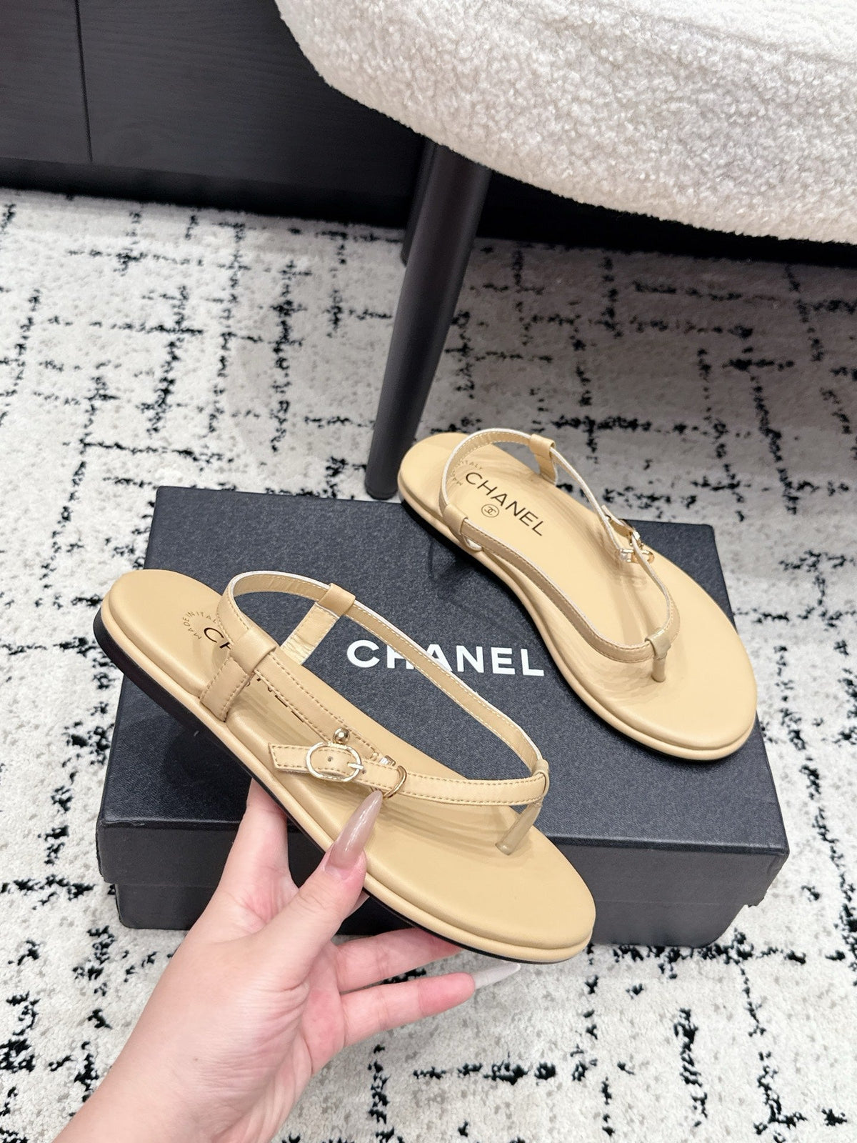 Chanel 26S Thong Sandals In Beige Calfskin With Gold Hardware