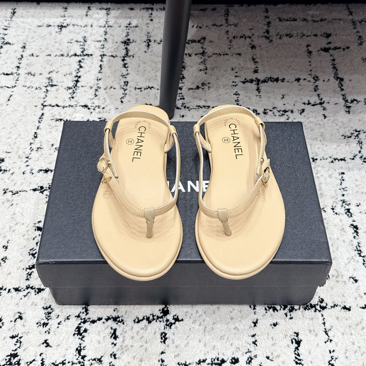 Chanel 26S Thong Sandals In Beige Calfskin With Gold Hardware