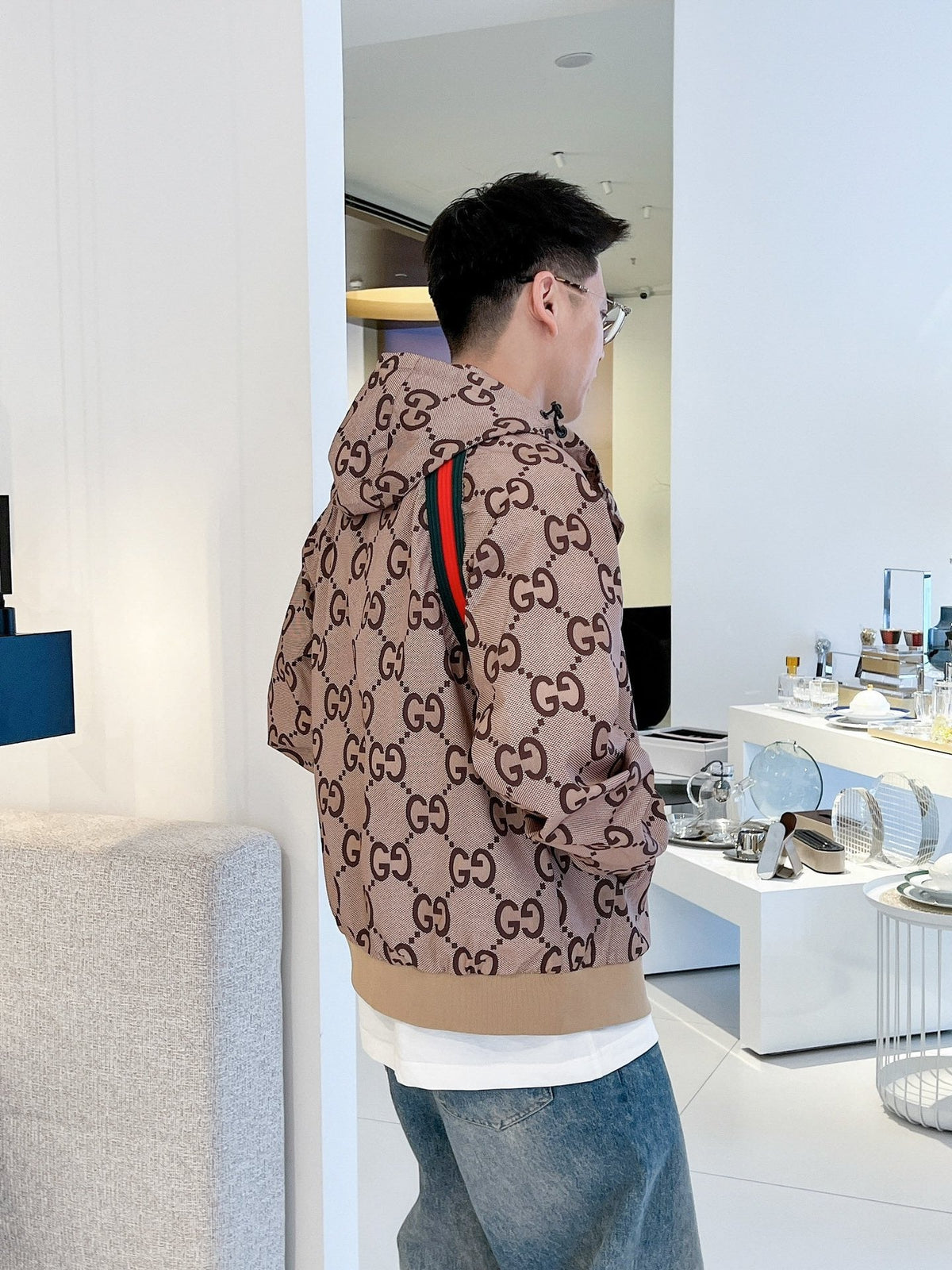 Gucci Men’s Zip Jacket With Web Beige Brown Cotton Technical Fabric
