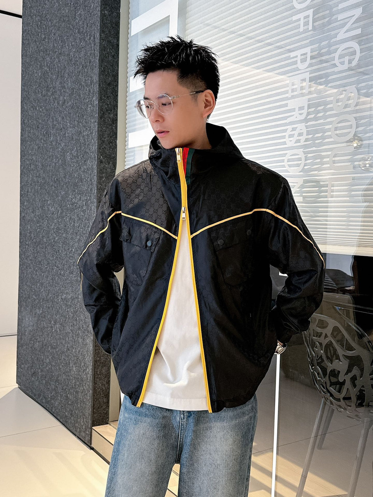 Gucci Men’s Jacket Black Yellow Nylon Satin