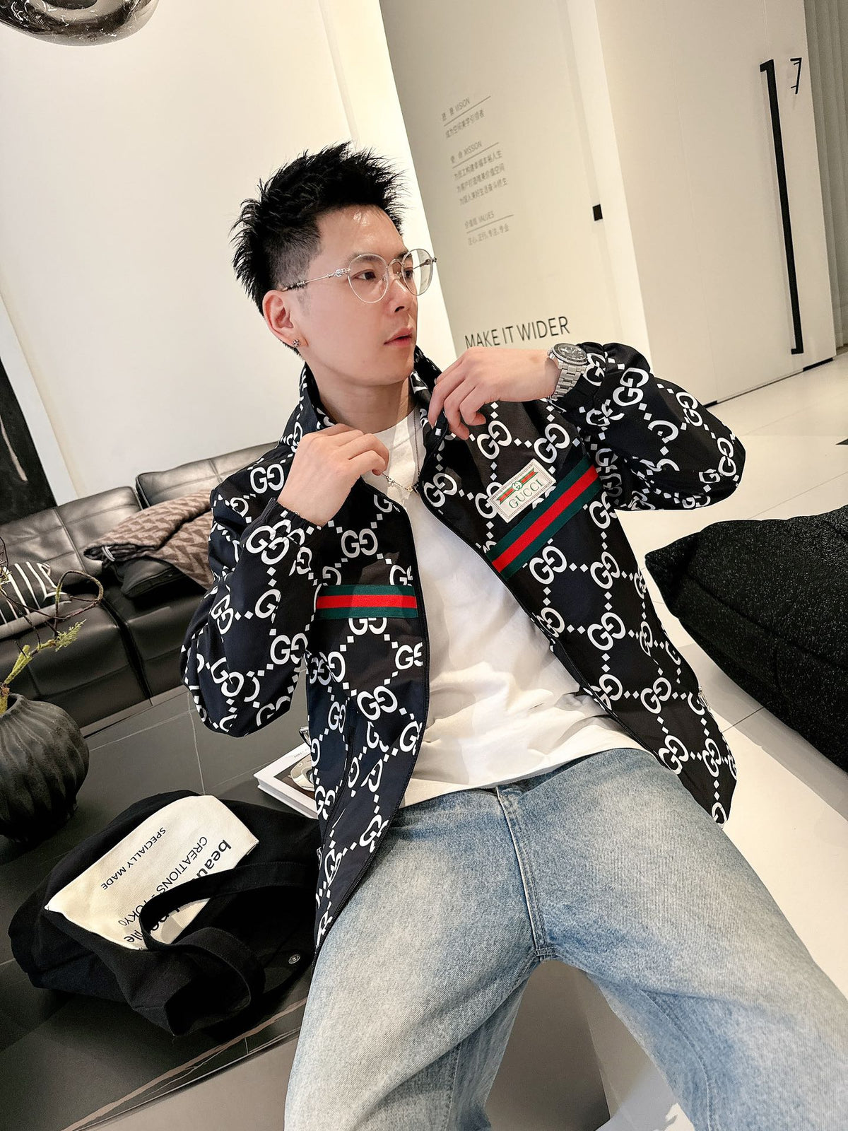 Gucci Men’s Reversible Ripstop Jacket Black White Nylon Fabric