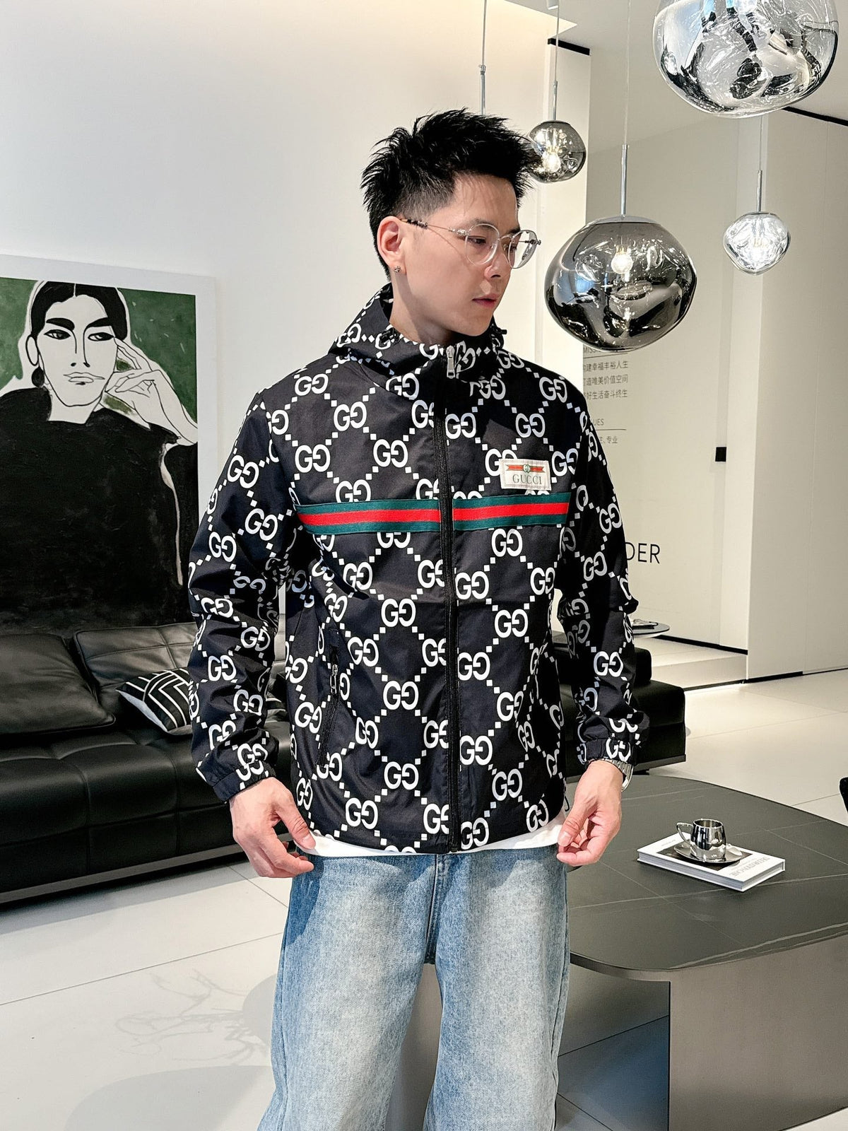 Gucci Men’s Reversible Ripstop Jacket Black White Nylon Fabric