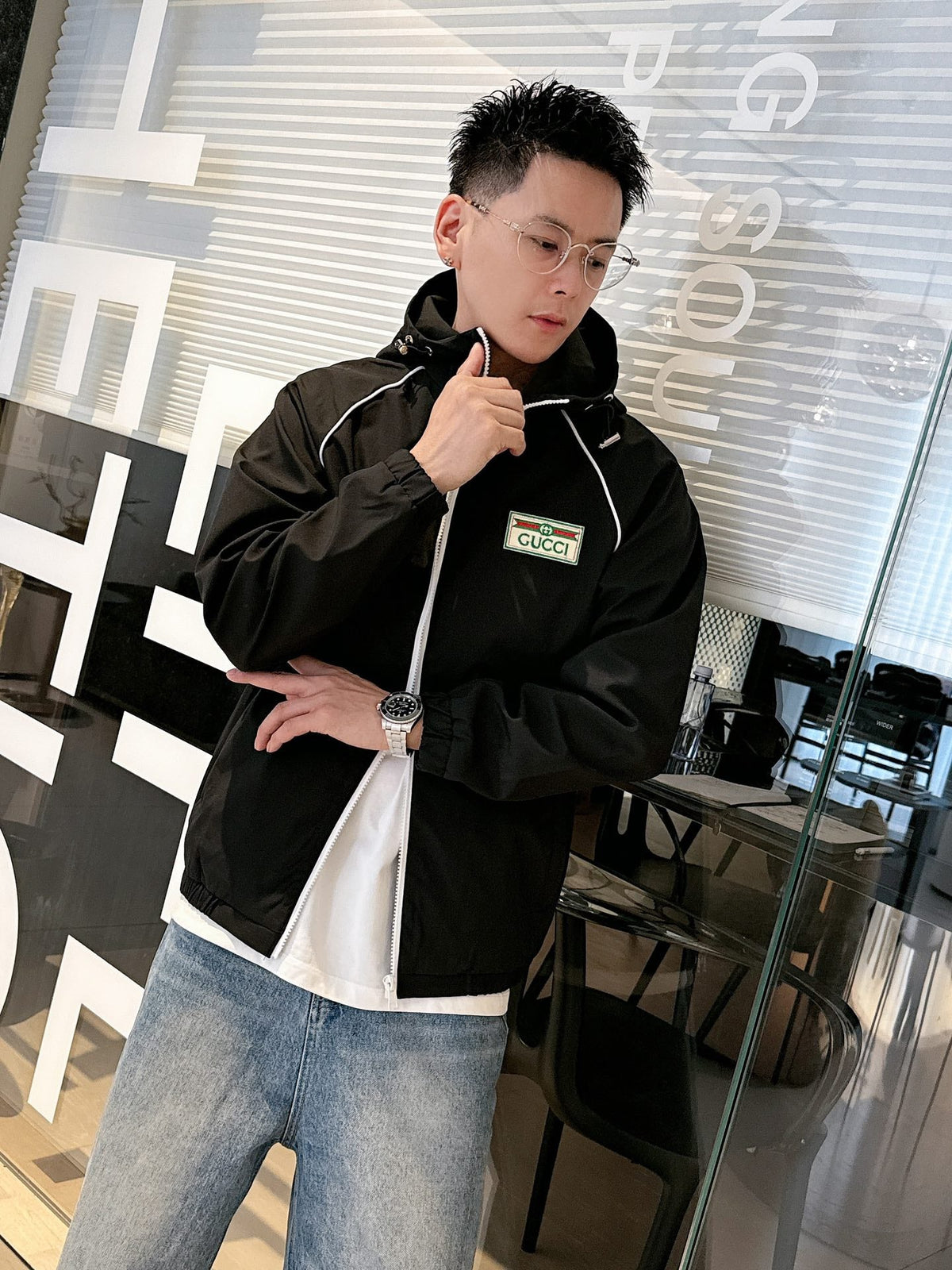 Gucci Men’s Water-Repellent Windbreaker Jacket Black White Nylon Fabric