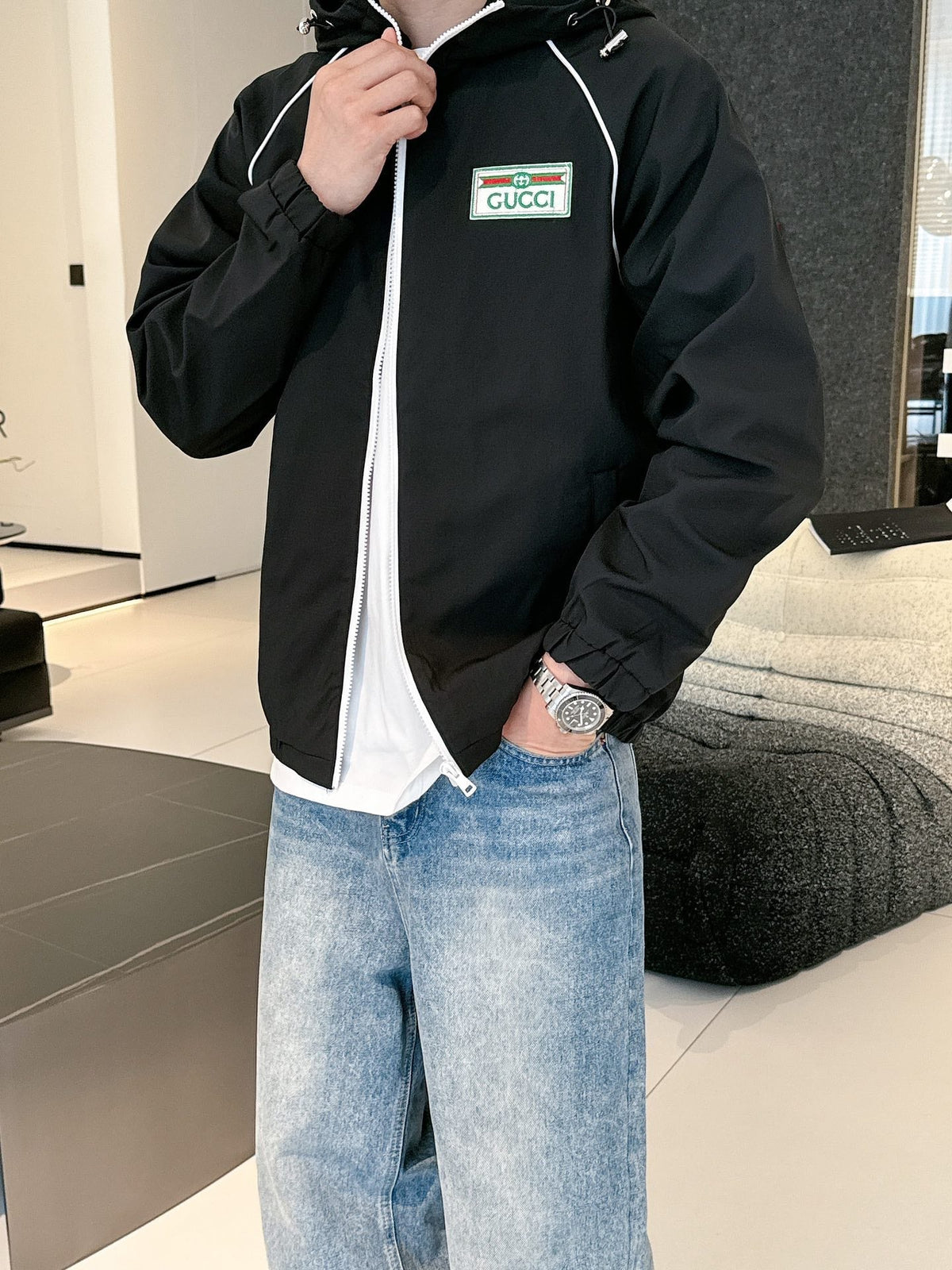 Gucci Men’s Water-Repellent Windbreaker Jacket Black White Nylon Fabric