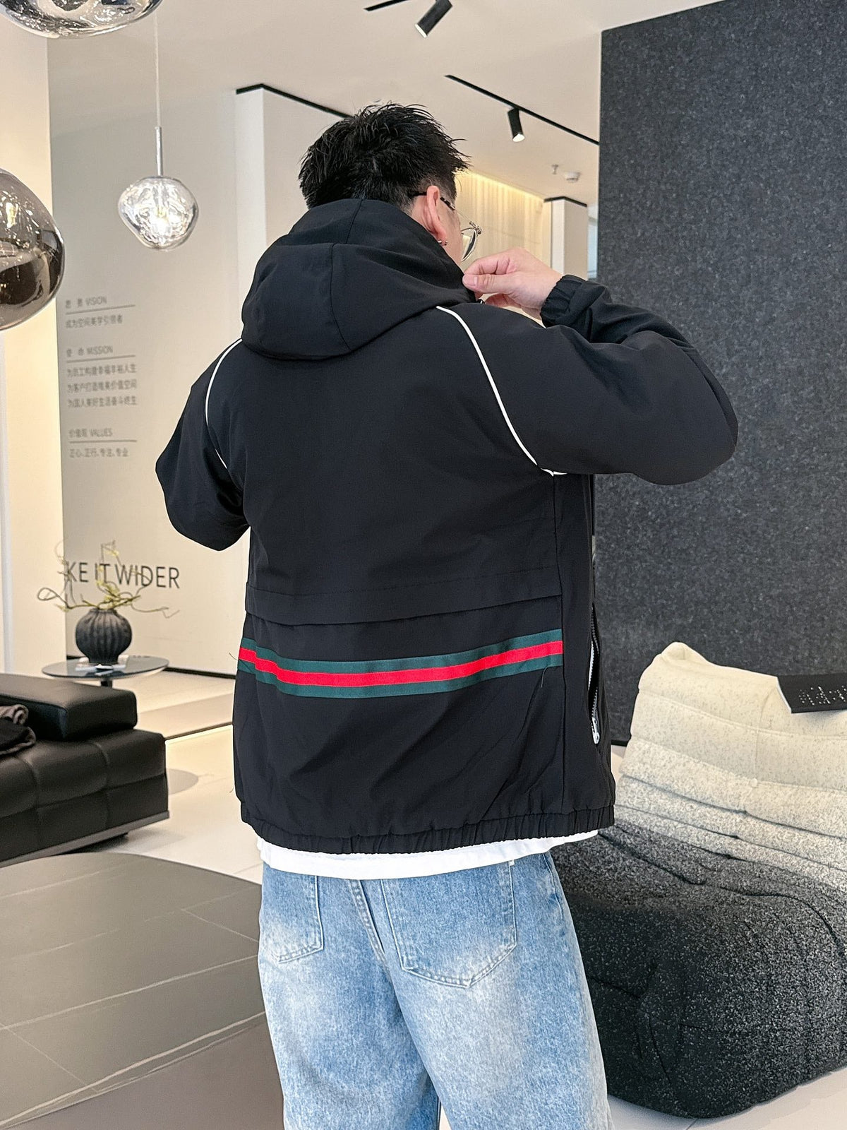 Gucci Men’s Water-Repellent Windbreaker Jacket Black White Nylon Fabric
