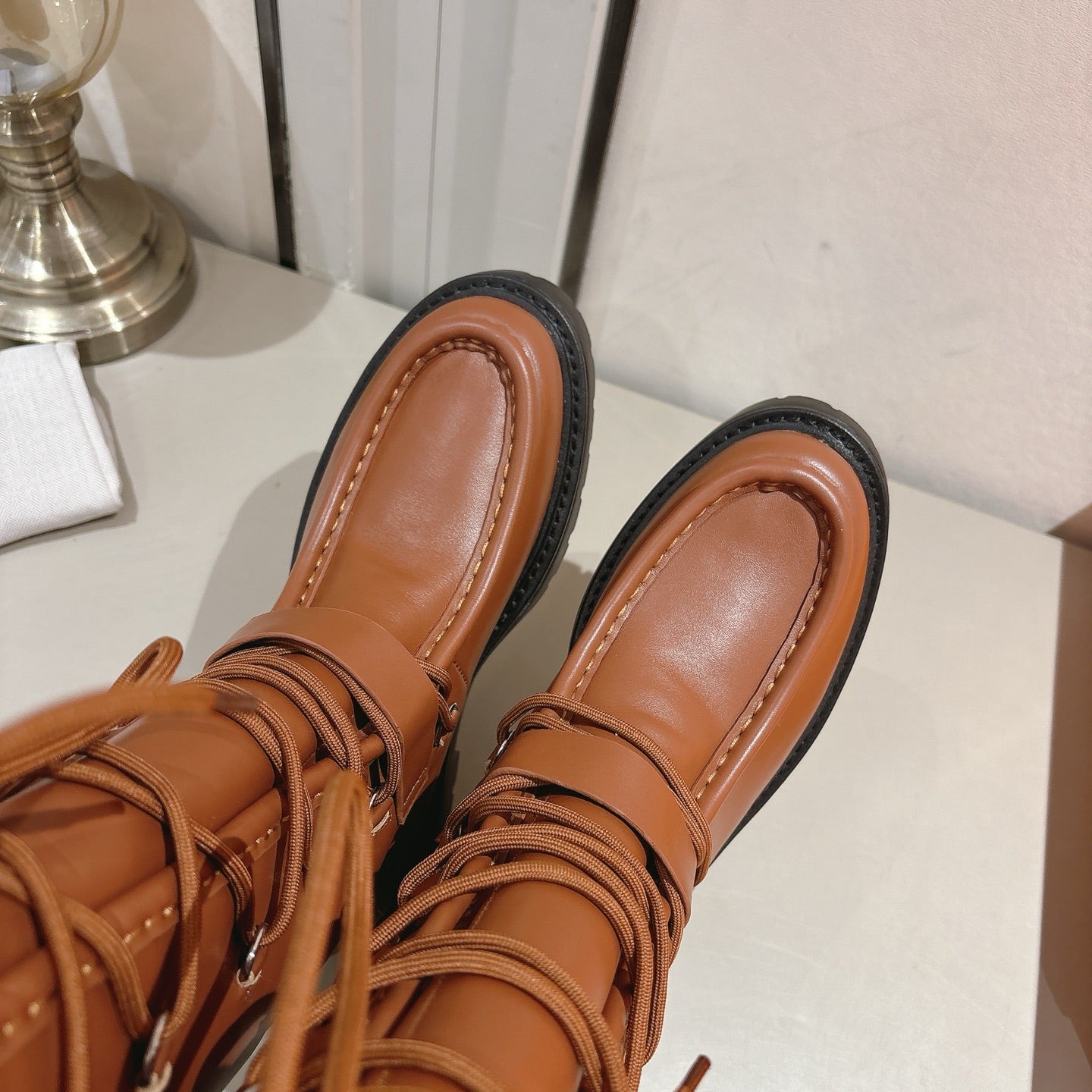 HM Lace Up Boots 25mm Belt Buckle Caramel Leather 466586