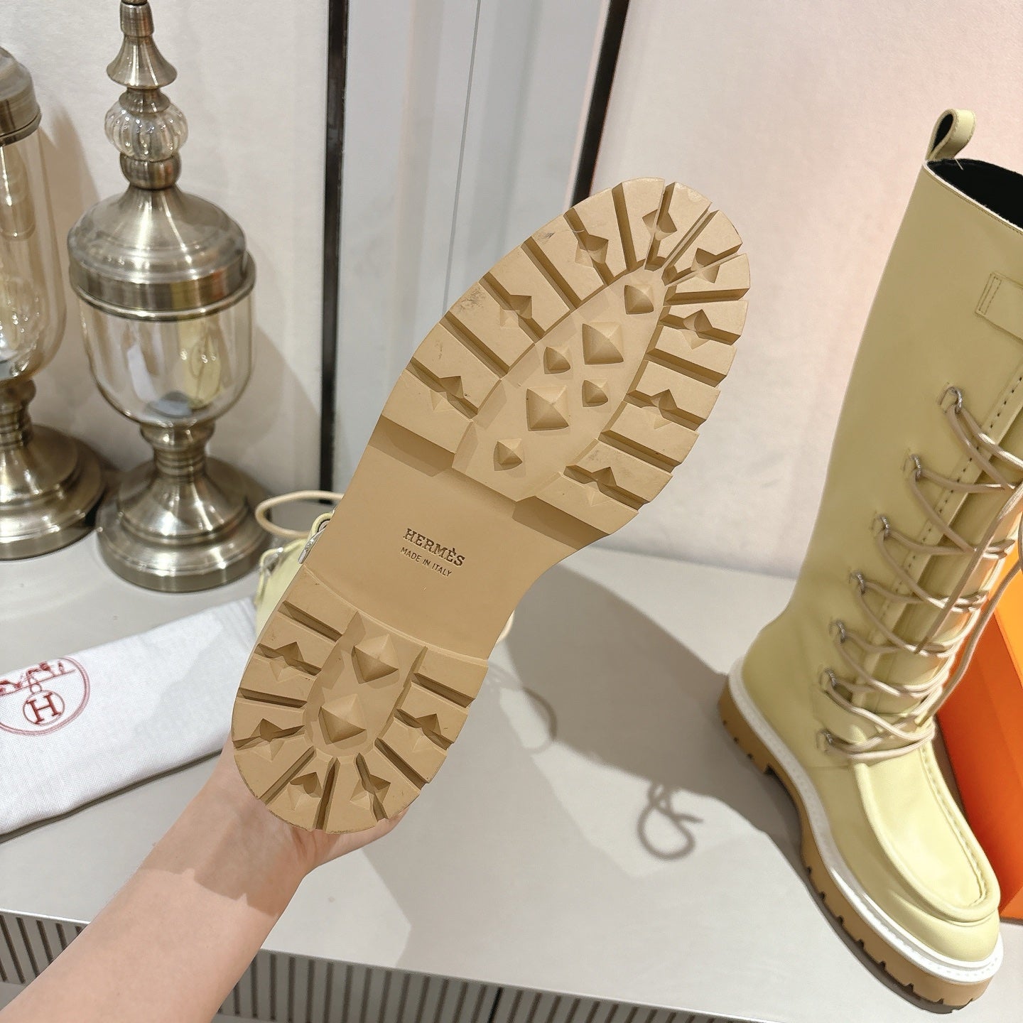 HM Lace Up Boots 25mm Belt Buckle Yellow-beige Leather 466587