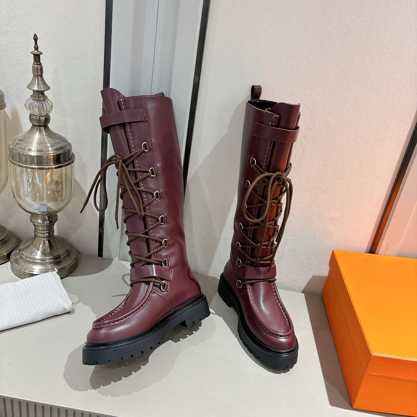 HM Lace Up Boots 25mm Belt Buckle Mauve Brown Leather 466590