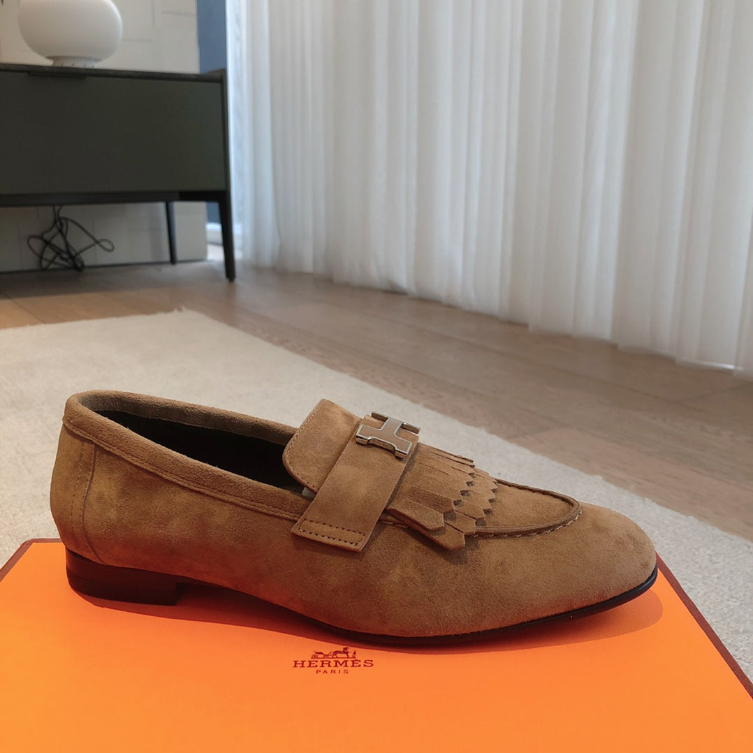 Royal Loafer Brown Suede Calfskin With Fringe Detail And Brown Silver Signature Buckle 509433