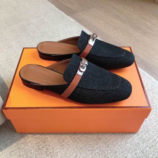 HM OZ Mule Denim Black Brown Cowhide 756853