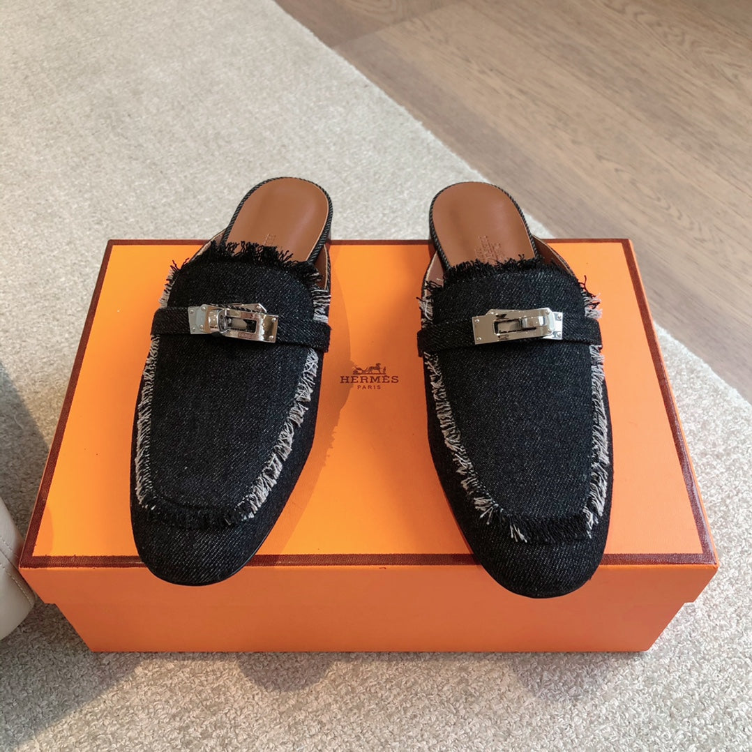 HM OZ Mule Denim Black Cowhide 756855