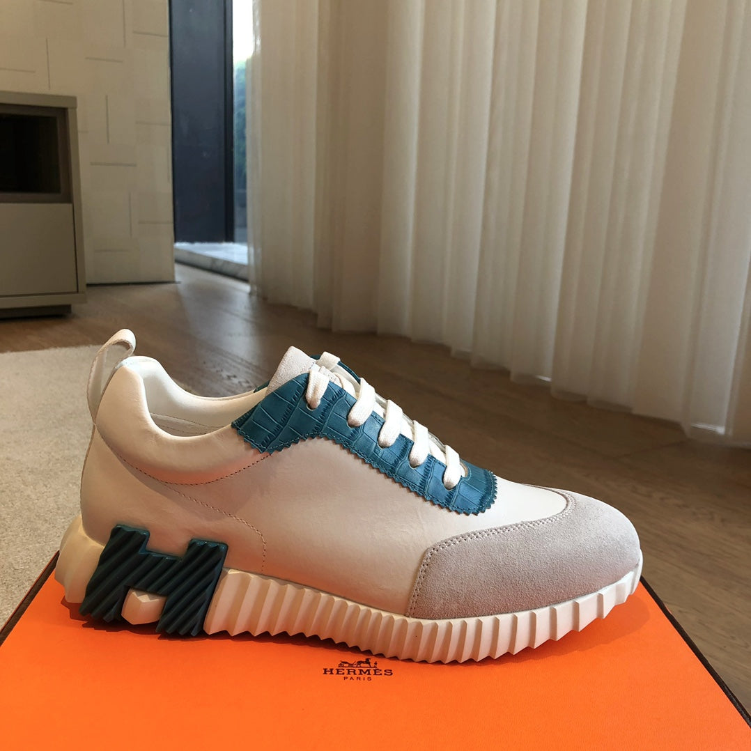 HM Bouncing Sneakers White Blue Suede Embossed Sheepskin 705792