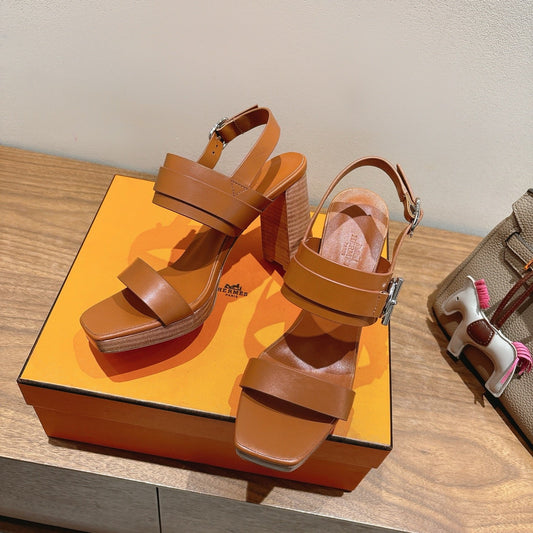 HM 26S Gigi 85 Sandal In Camel Brown Calfskin Silver Hardware