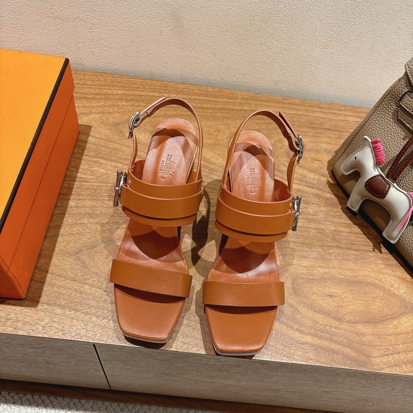 HM 26S Gigi 85 Sandal In Camel Brown Calfskin Silver Hardware