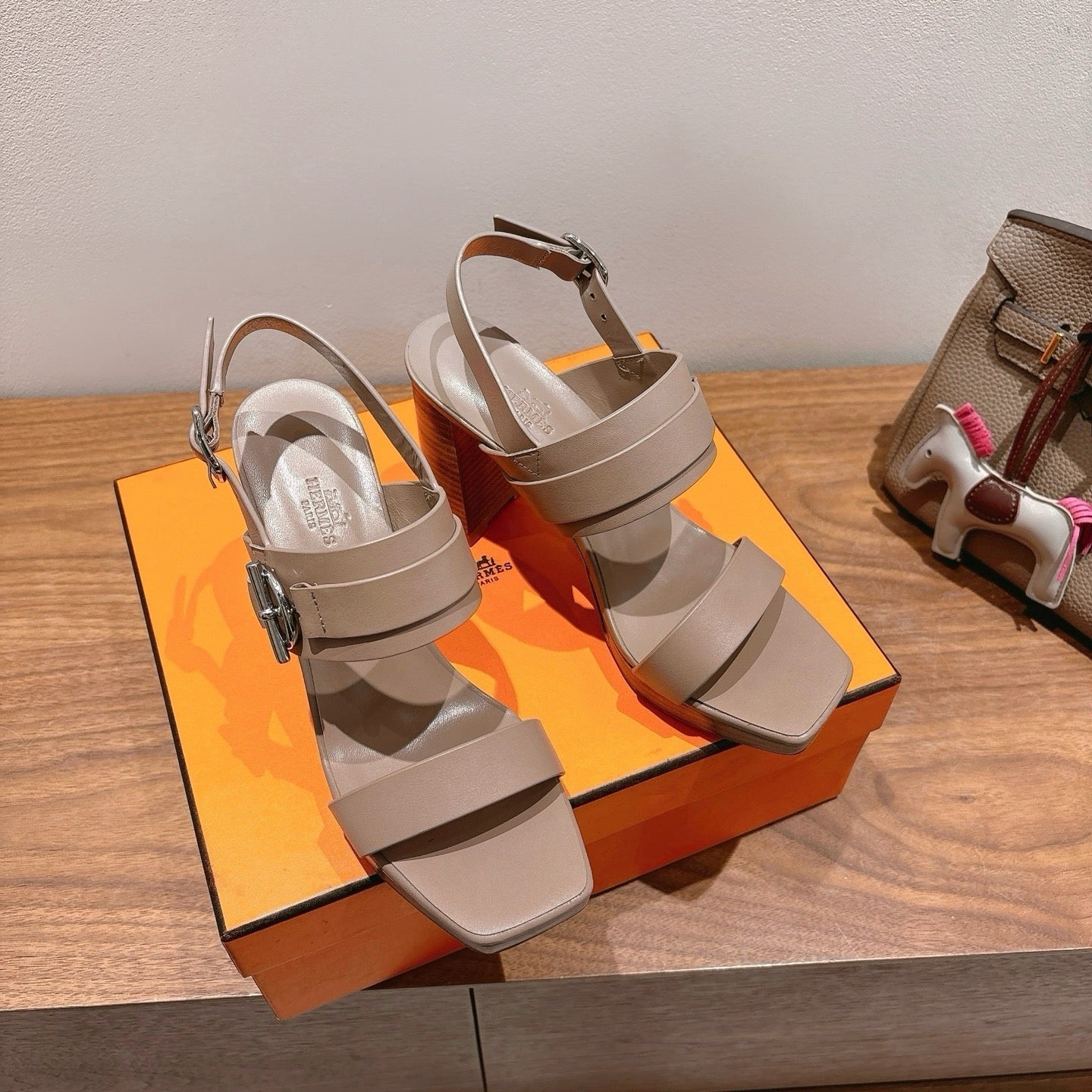 HM 26S Gigi 85 Sandal In Nude Beige Calfskin Silver Hardware
