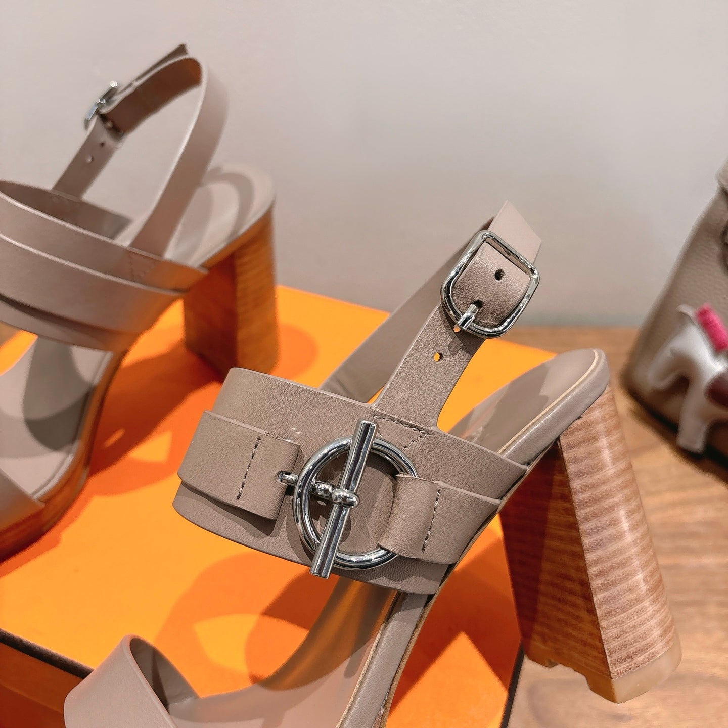 HM 26S Gigi 85 Sandal In Nude Beige Calfskin Silver Hardware