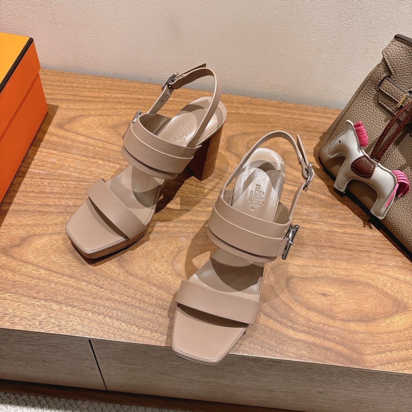 HM 26S Gigi 85 Sandal In Nude Beige Calfskin Silver Hardware