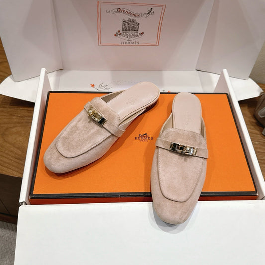 HM 26s Kelly Mule In Light Beige Suede Gold Hardware