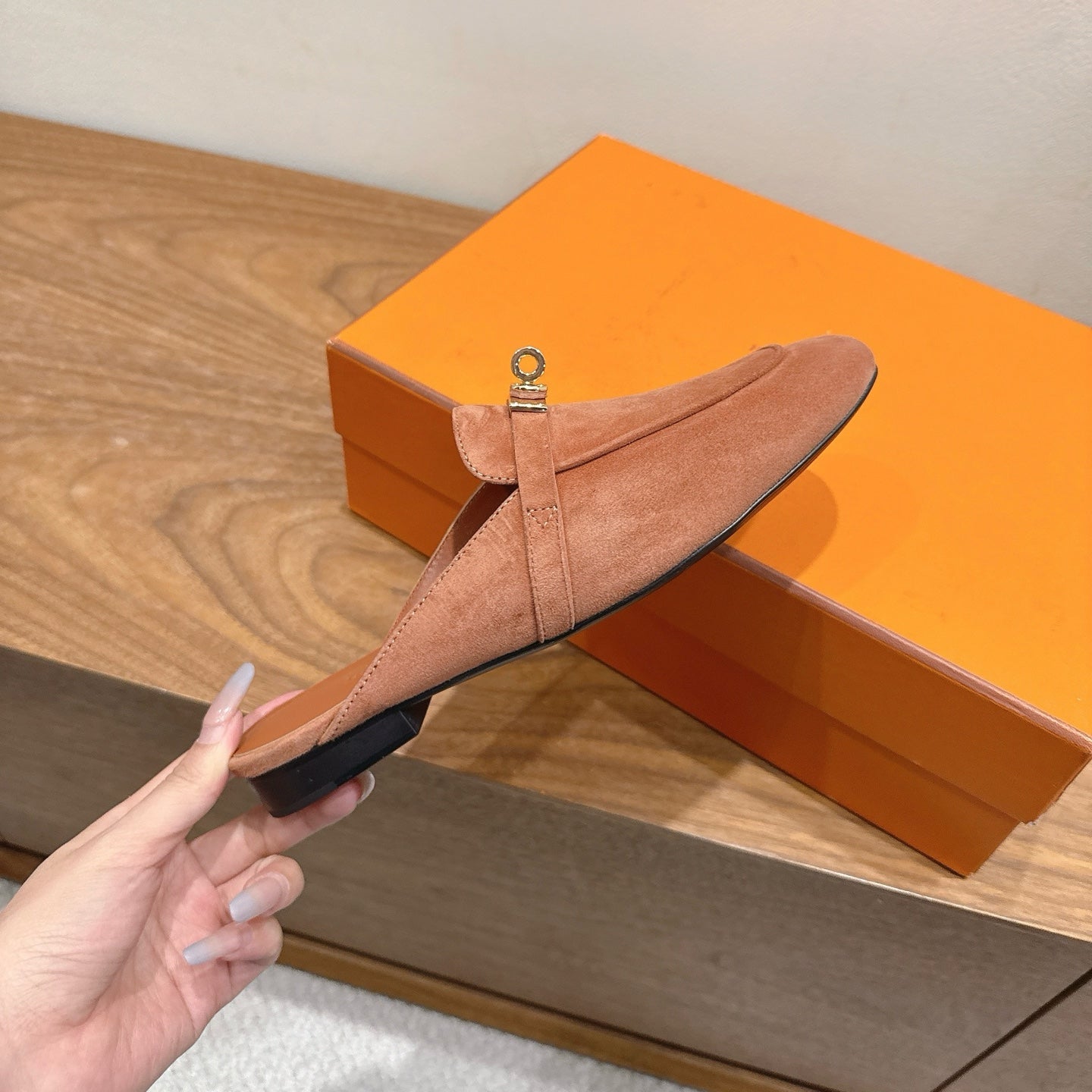 HM 26s Kelly Mule In Peach Brown Suede Gold Hardware