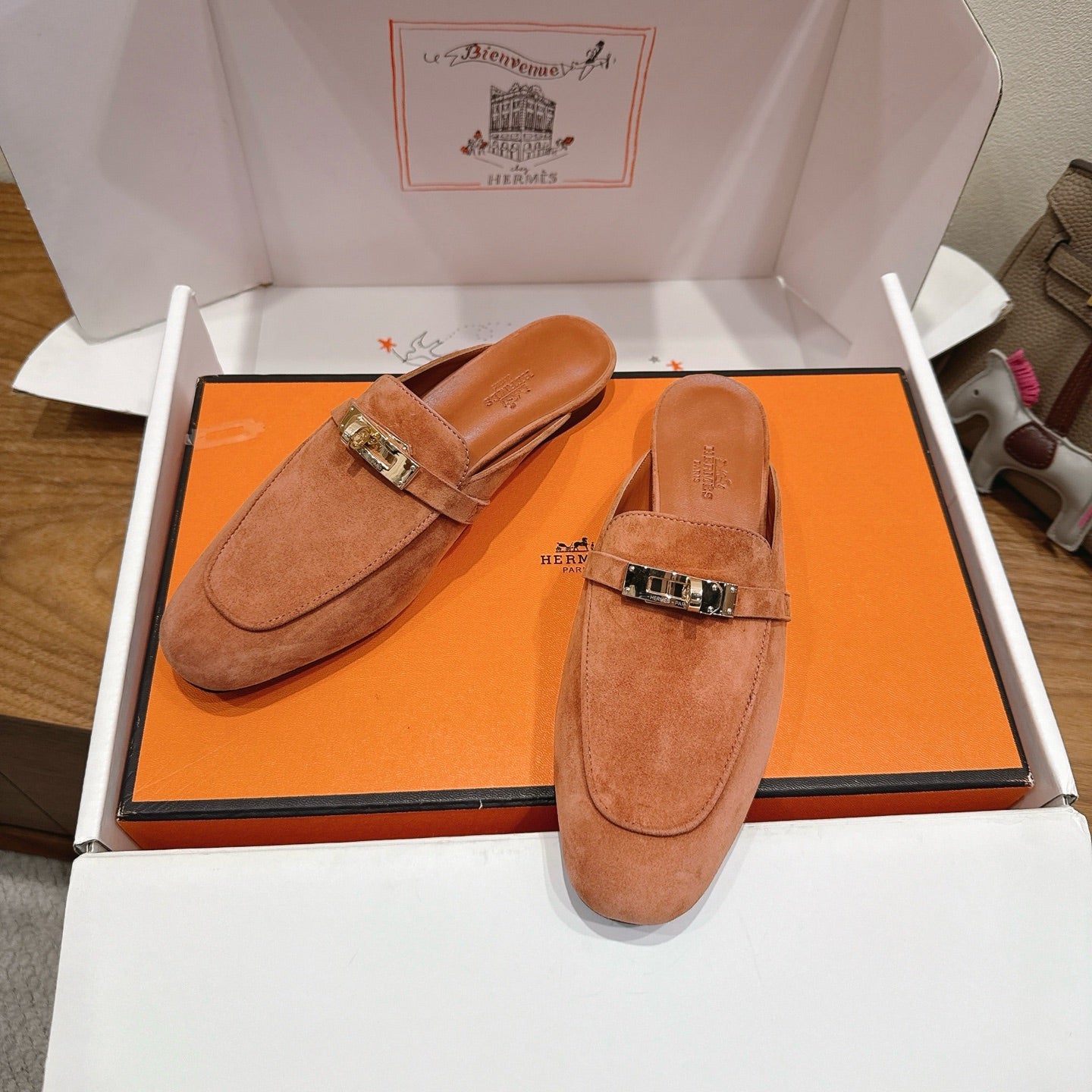 HM 26s Kelly Mule In Peach Brown Suede Gold Hardware
