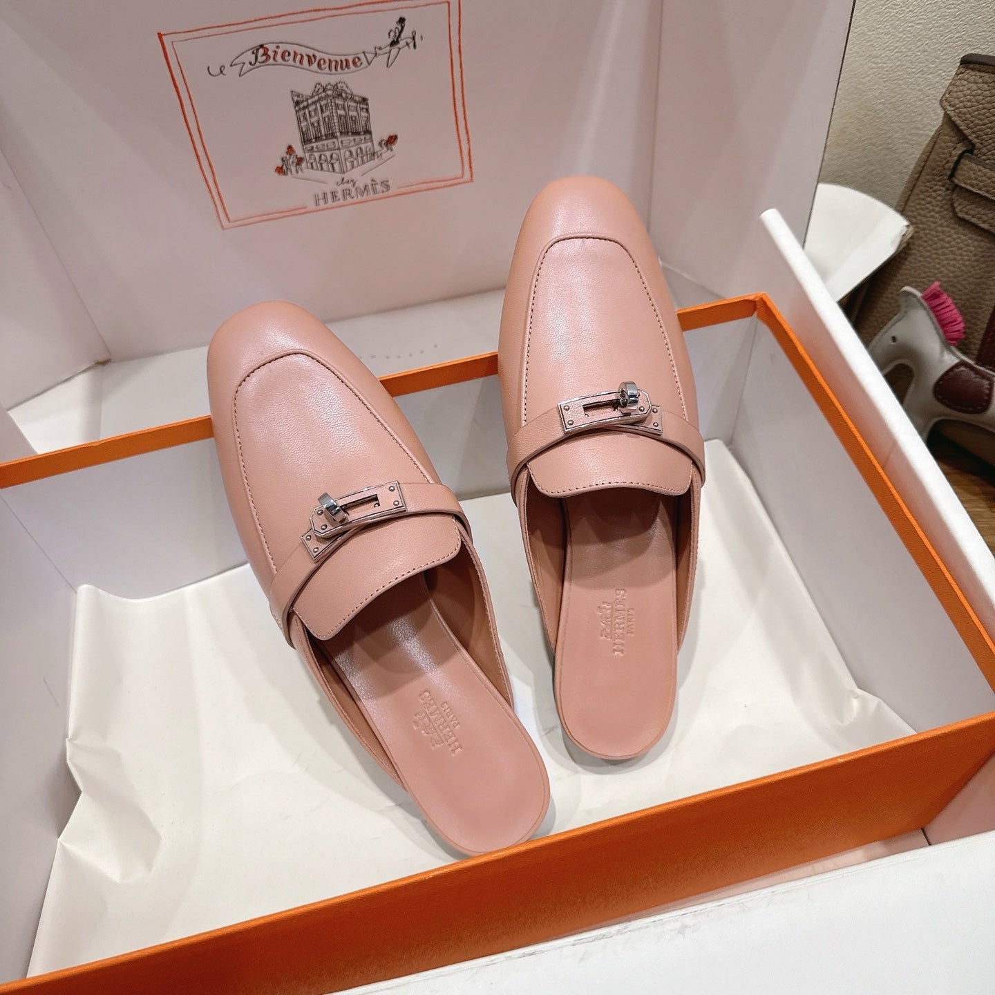 HM 26s Kelly Mule In Light Pink Calfskin Silver Hardware