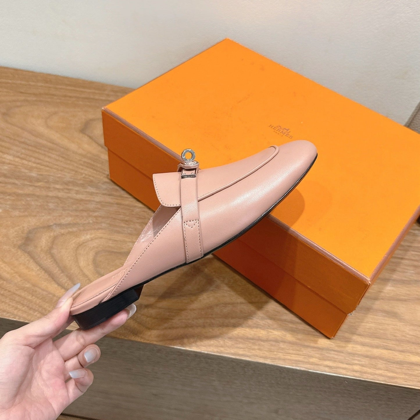 HM 26s Kelly Mule In Light Pink Calfskin Silver Hardware