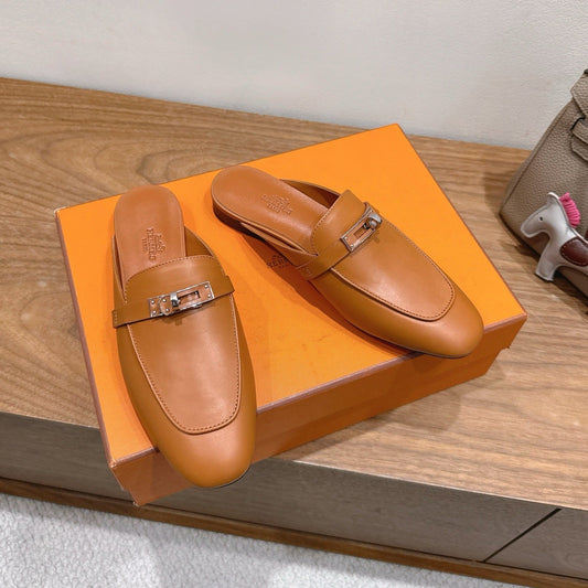 HM 26s Kelly Mule In Tan Brown Calfskin Silver Hardware