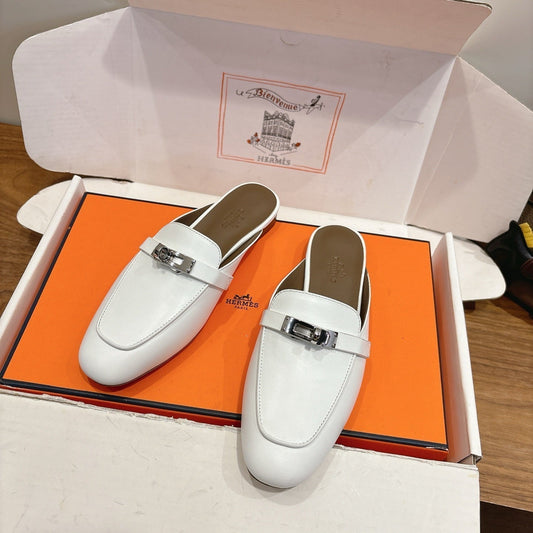 HM 26s Kelly Mule In White And Brown Calfskin Silver Hardware