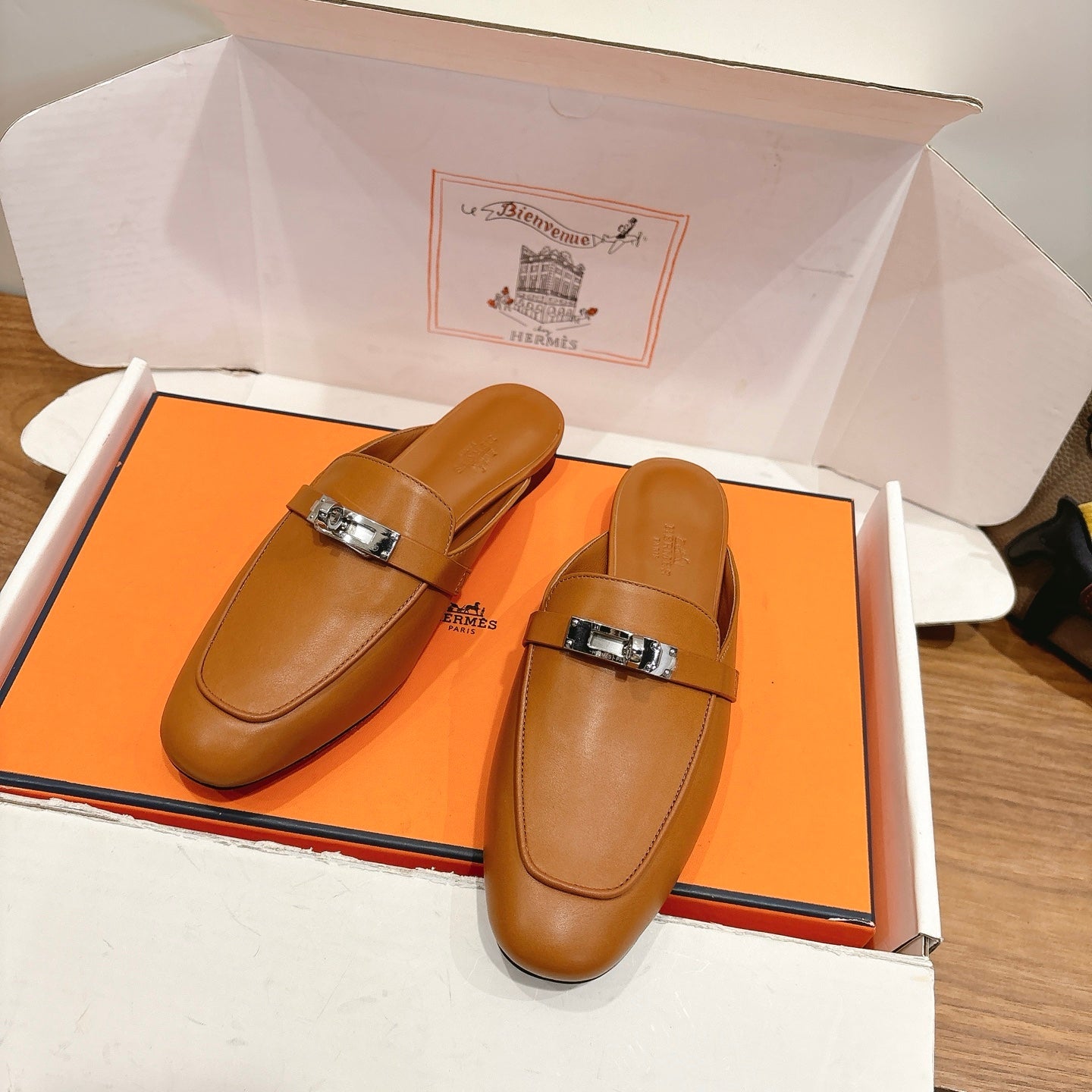 HM 26s Kelly Mule In Brown Calfskin Silver Hardware