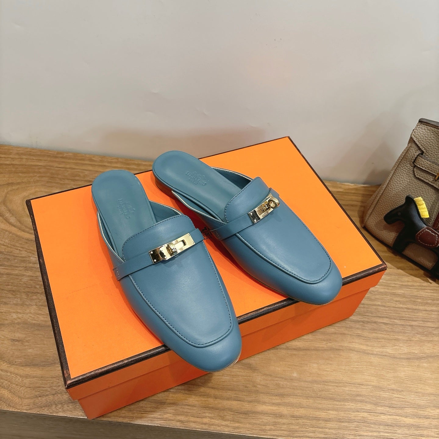HM 26s Kelly Mule In Dusty Blue Calfskin Gold Hardware