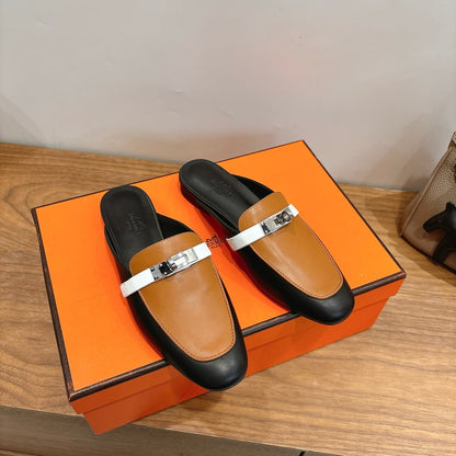 HM 26ss Mule Black Brown Calfskin Sliver Buckle 638467
