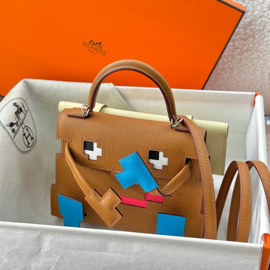 HM Kelly Doll Bag 18cm Light Blue Brown EpsomLeather 284557