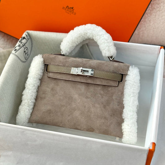 HM Teddy Kelly Bag 20cm Taupe Suede Shearing 284469