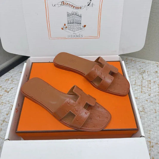 HM 26ss Oran Sandals Brown Ostrich Leather 625092