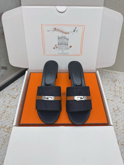 HM 26ss Oasis Sandals Navy Blue Black Denim Cowhide Sliver Buckle 625155