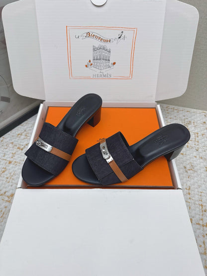 HM 26ss Oasis Sandals Navy Blue Black Denim Cowhide Sliver Buckle 625155