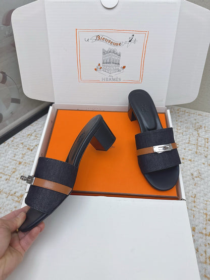 HM 26ss Oasis Sandals Navy Blue Black Denim Cowhide Sliver Buckle 625155