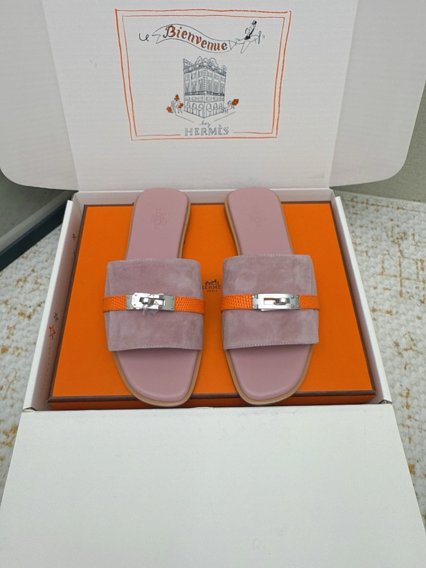 HM 26ss Oasis Sandals Rose Nude Orange Suede Cowhide 625179