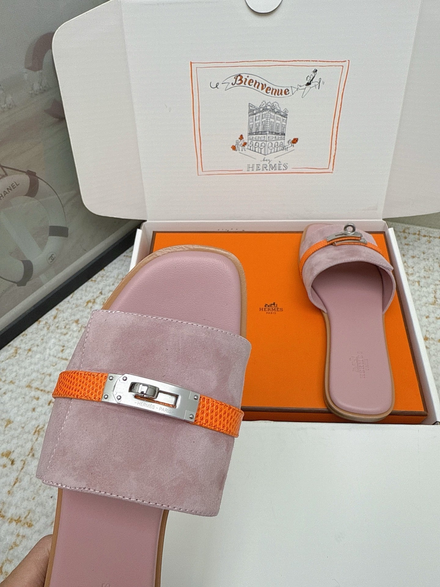 HM 26ss Oasis Sandals Rose Nude Orange Suede Cowhide 625179