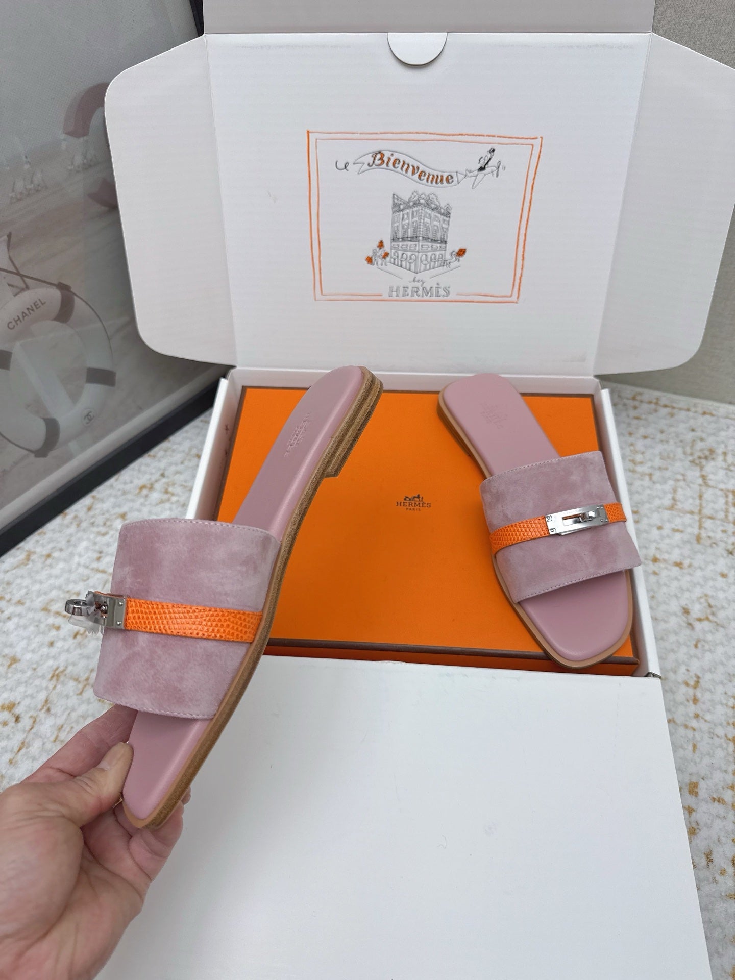 HM 26ss Oasis Sandals Rose Nude Orange Suede Cowhide 625179